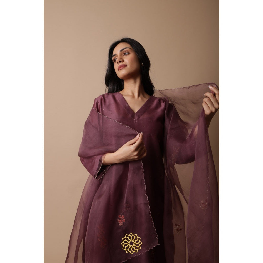 Rhua India Afsa-Mauve Straight Kurta with Palazzo and Dupatta (Set of 3)