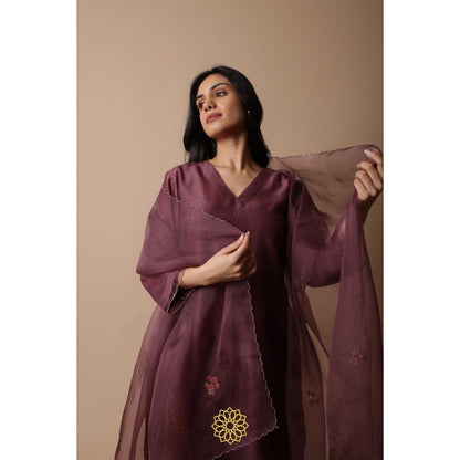 Rhua India Afsa-Mauve Straight Kurta with Palazzo and Dupatta (Set of 3)