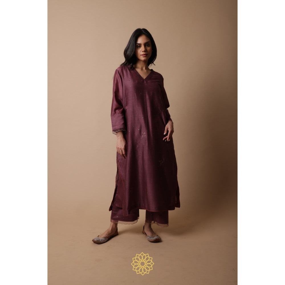 Rhua India Afsa-Mauve Straight Kurta with Palazzo and Dupatta (Set of 3)