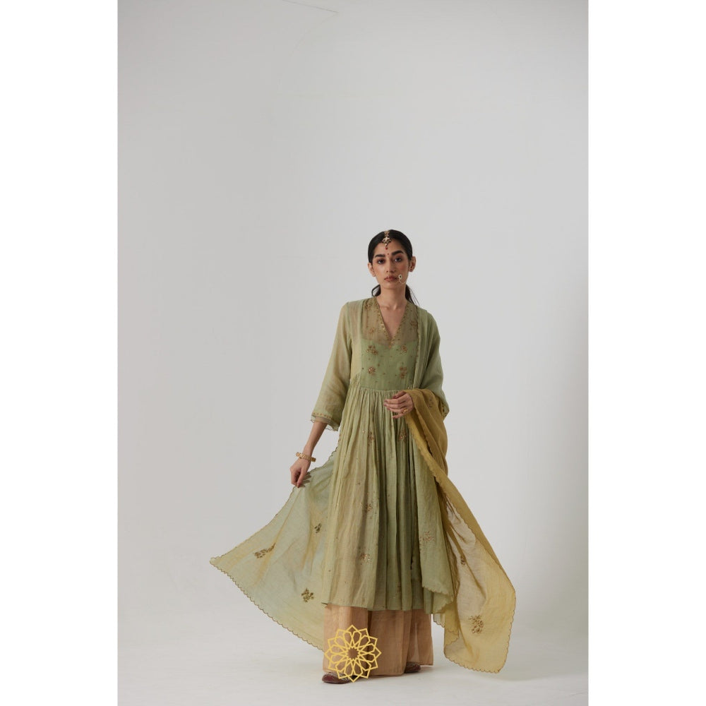 Rhua India Green Mihika Gathered Anarkali with Slip, Palazzo and Dupatta (Set of 4)