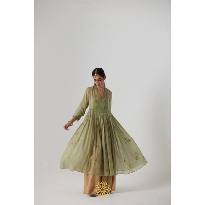 Rhua India Green Mihika Gathered Anarkali with Slip, Palazzo and Dupatta (Set of 4)