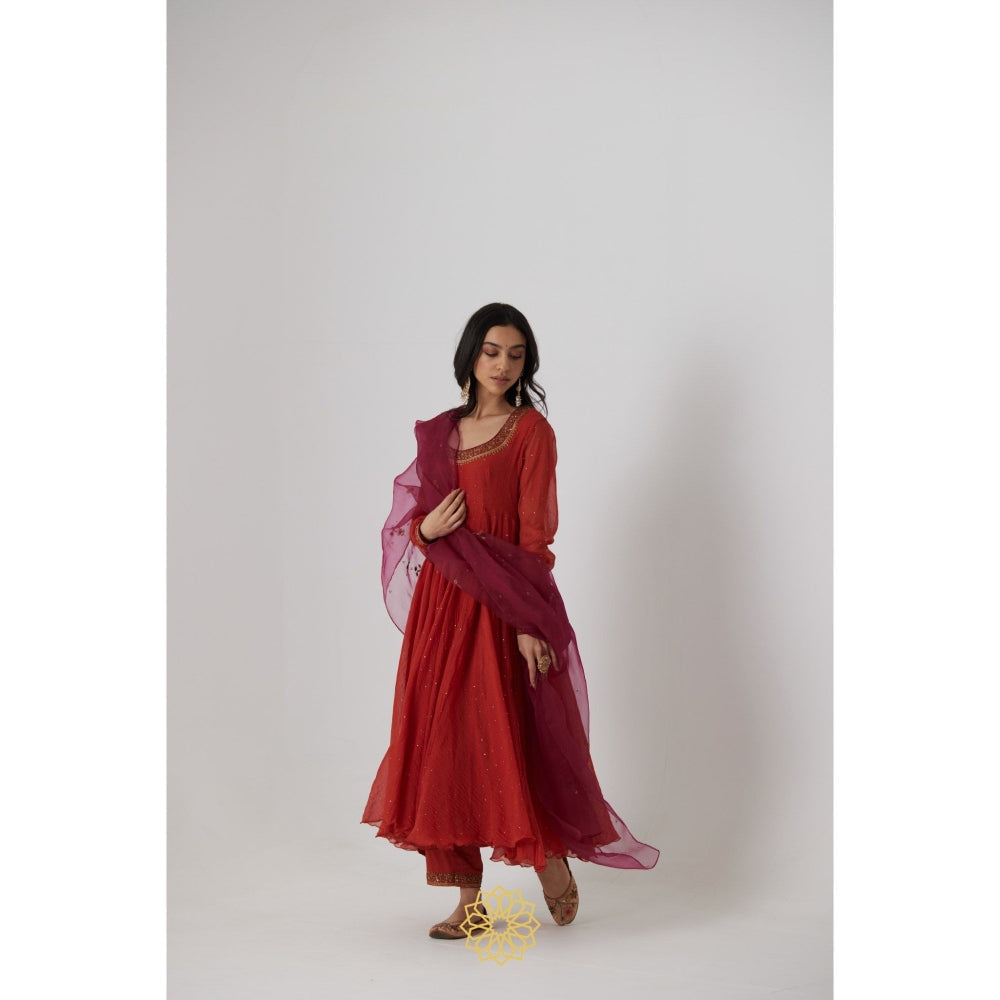 Rhua India Red Mitali Anarkali with Pant and Dupatta (Set of 3)