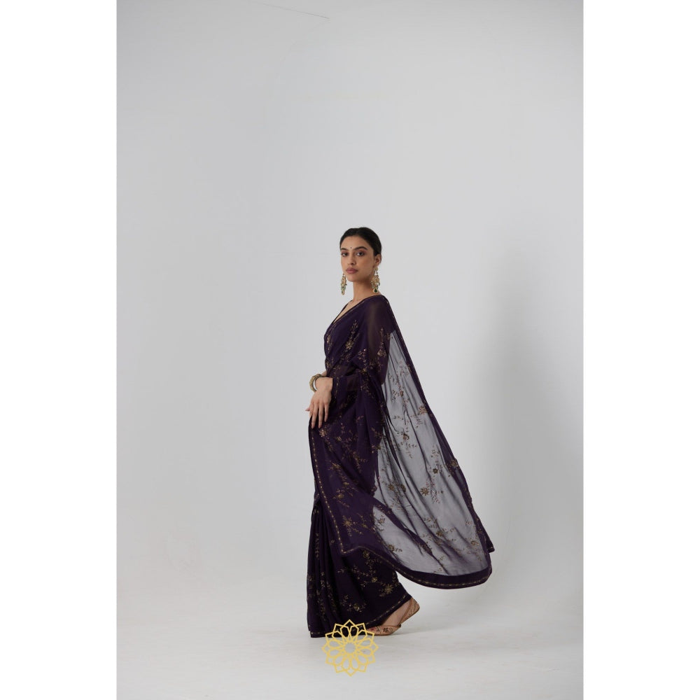 Rhua India Navy Blue Yutaka Classical Saree with Stitched Blouse and Petticoat