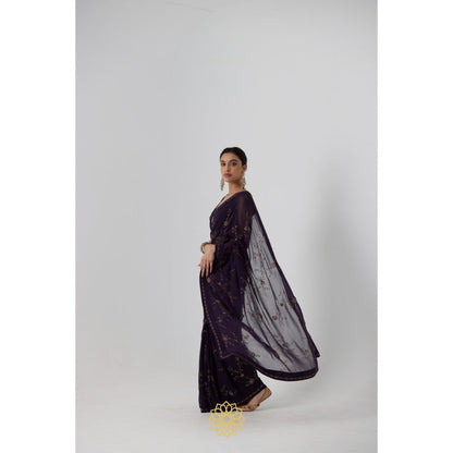 Rhua India Navy Blue Yutaka Classical Saree with Stitched Blouse and Petticoat