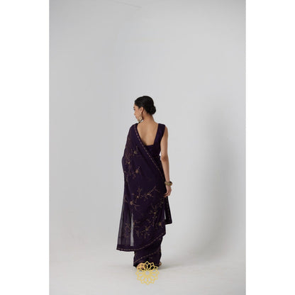 Rhua India Navy Blue Yutaka Classical Saree with Stitched Blouse and Petticoat