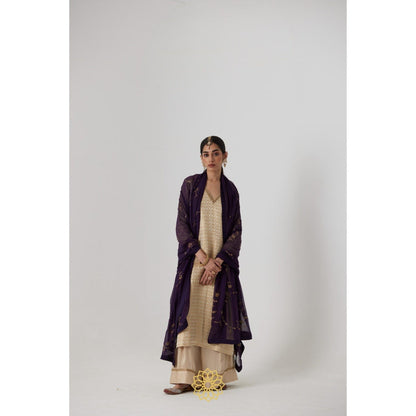 Rhua India Cream Prisha Straight Kurta with Palazzo and Dupatta (Set of 3)