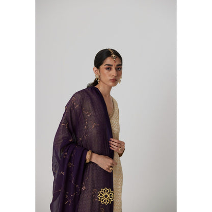 Rhua India Cream Prisha Straight Kurta with Palazzo and Dupatta (Set of 3)