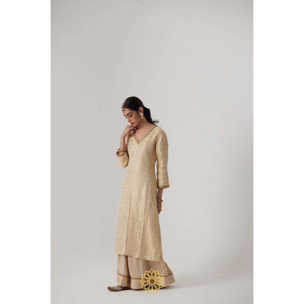 Rhua India Cream Prisha Straight Kurta with Palazzo and Dupatta (Set of 3)