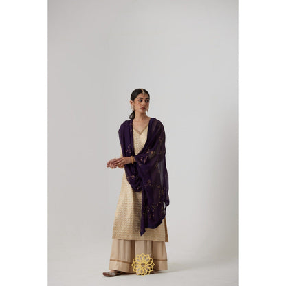 Rhua India Cream Prisha Straight Kurta with Palazzo and Dupatta (Set of 3)