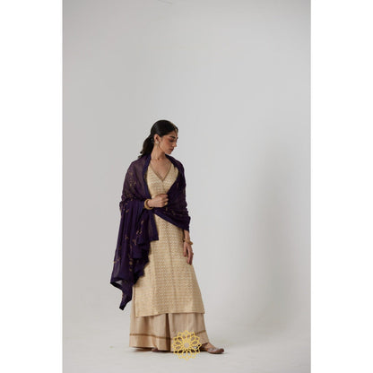 Rhua India Cream Prisha Straight Kurta with Palazzo and Dupatta (Set of 3)