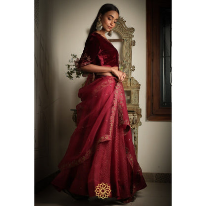 Rhua India Earthy Red Lehenga with Blouse and Dupatta (Set of 3)