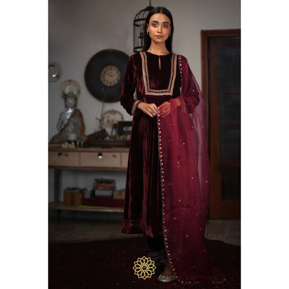 Rhua India Ruby Red Straight Kurta with Salwar and Dupatta (Set of 3)