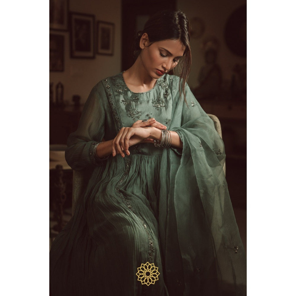 Rhua India Persian Green Anarkali with Pant and Dupatta (Set of 3)