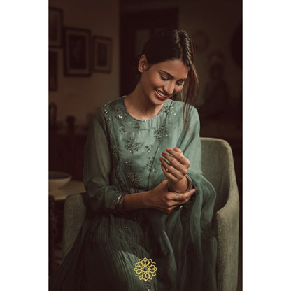 Rhua India Persian Green Anarkali with Pant and Dupatta (Set of 3)