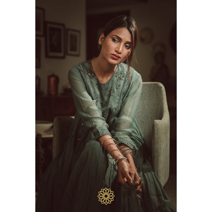 Rhua India Persian Green Anarkali with Pant and Dupatta (Set of 3)