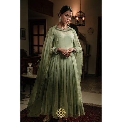 Rhua India Pistachio Green Anarkali with Pant and Dupatta (Set of 3)
