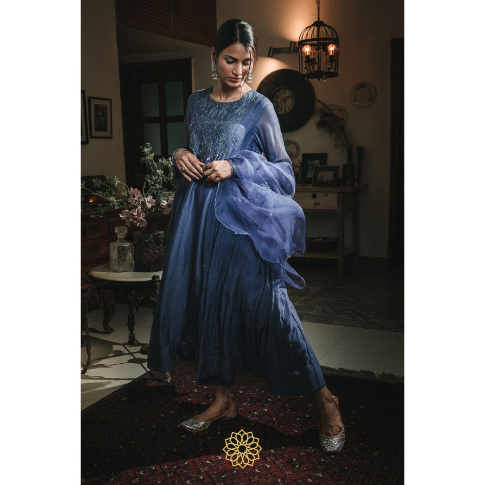 Rhua India Sapphire Blue Anarkali with Pant and Dupatta (Set of 3)