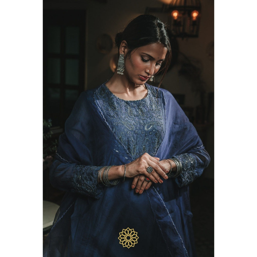 Rhua India Sapphire Blue Anarkali with Pant and Dupatta (Set of 3)