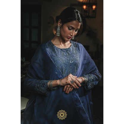 Rhua India Sapphire Blue Anarkali with Pant and Dupatta (Set of 3)