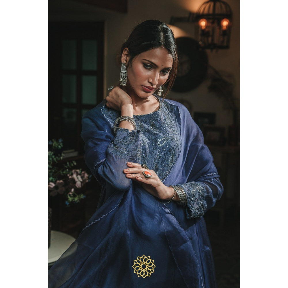 Rhua India Sapphire Blue Anarkali with Pant and Dupatta (Set of 3)