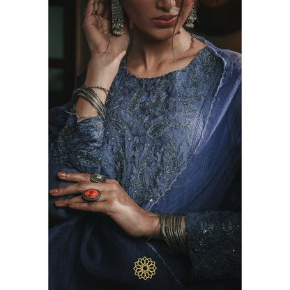 Rhua India Sapphire Blue Anarkali with Pant and Dupatta (Set of 3)