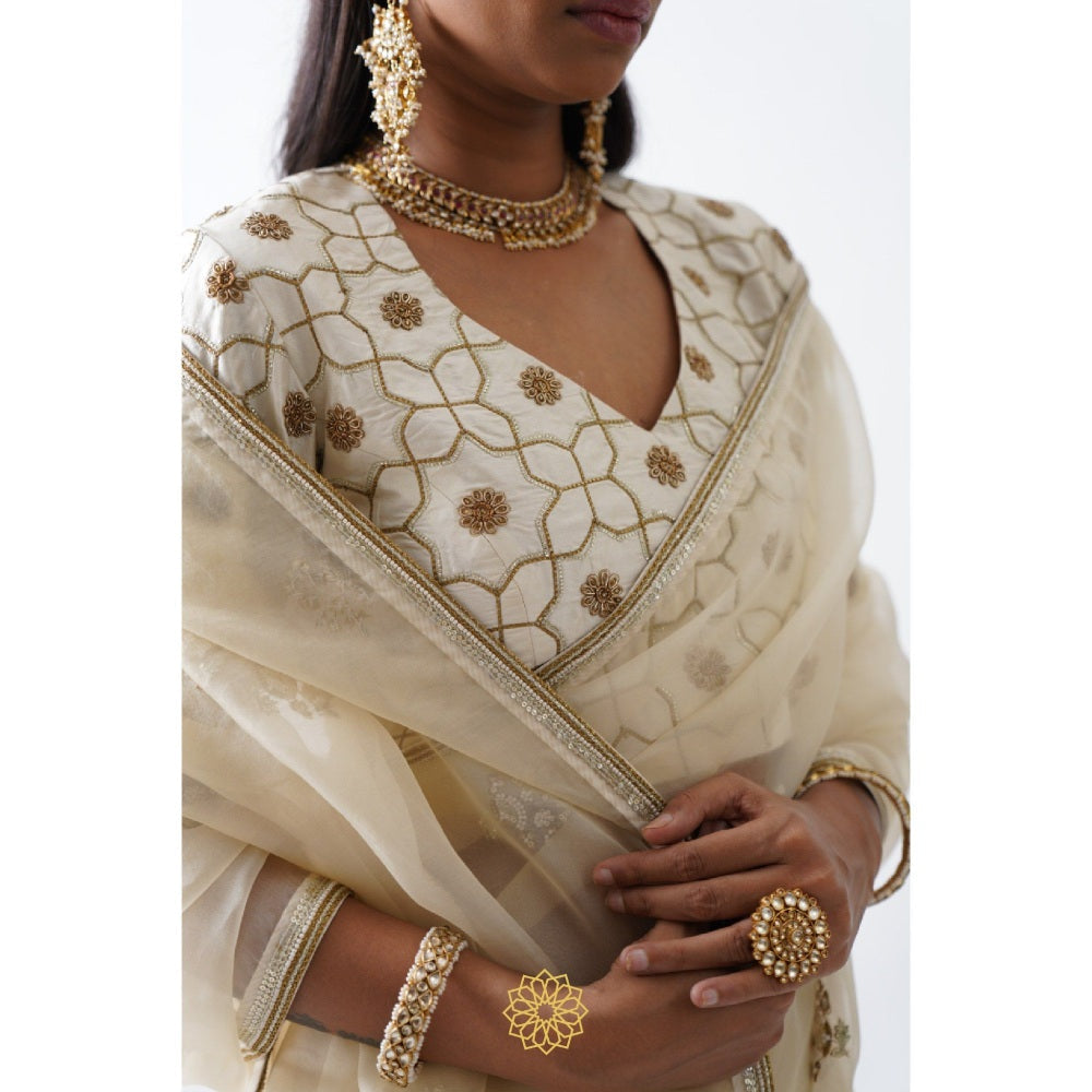 Rhua India White Avanti Classical Saree with Stitched Blouse and Petticoat
