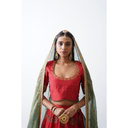 Rhua India Red Rati Lehenga with Blouse and Dupatta (Set of 3)