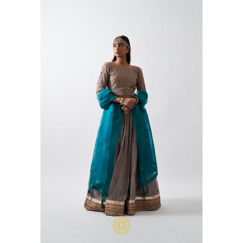 Rhua India Taupe Anaita Lehenga with Blouse and Dupatta (Set of 3)