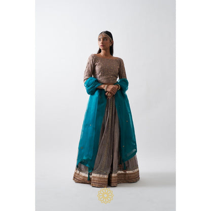 Rhua India Taupe Anaita Lehenga with Blouse and Dupatta (Set of 3)