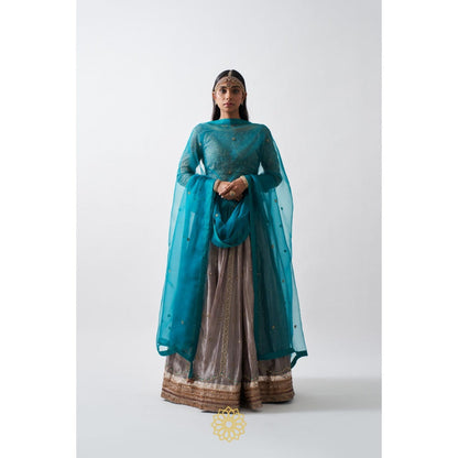 Rhua India Taupe Anaita Lehenga with Blouse and Dupatta (Set of 3)