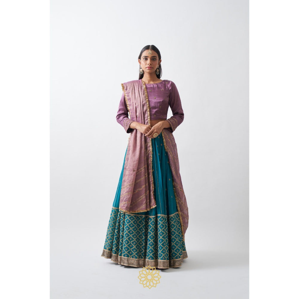 Rhua India Turquoise Mira Lehenga with Blouse and Dupatta (Set of 3)