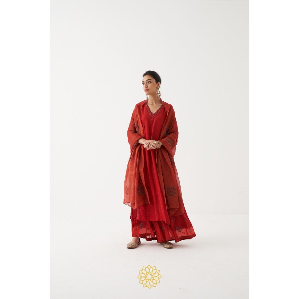 Rhua India Red Shirin Palazzo with Kurta and Dupatta (Set of 3)