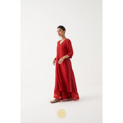 Rhua India Red Shirin Palazzo with Kurta and Dupatta (Set of 3)