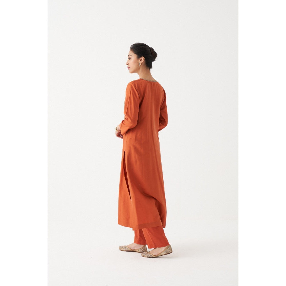 Rhua India Peach Nysa Straight Kurta with Pant and Jacket (Set of 3)