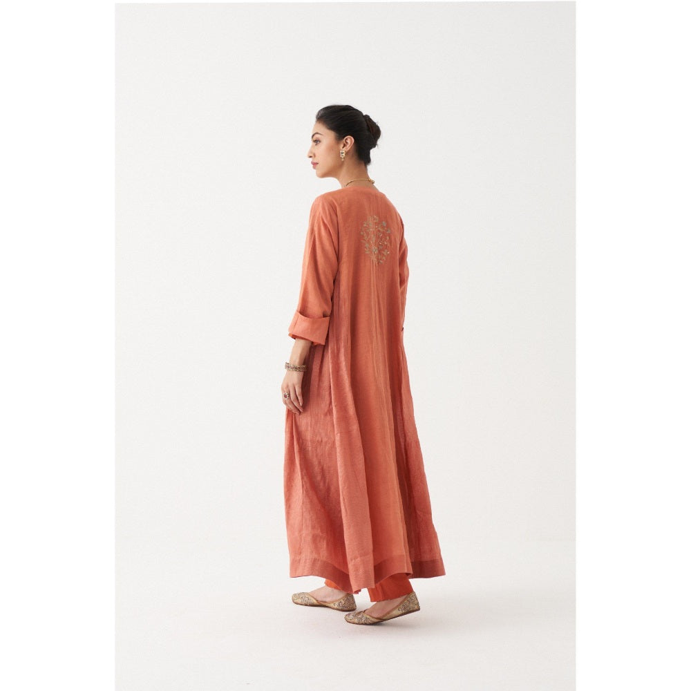 Rhua India Peach Nysa Straight Kurta with Pant and Jacket (Set of 3)