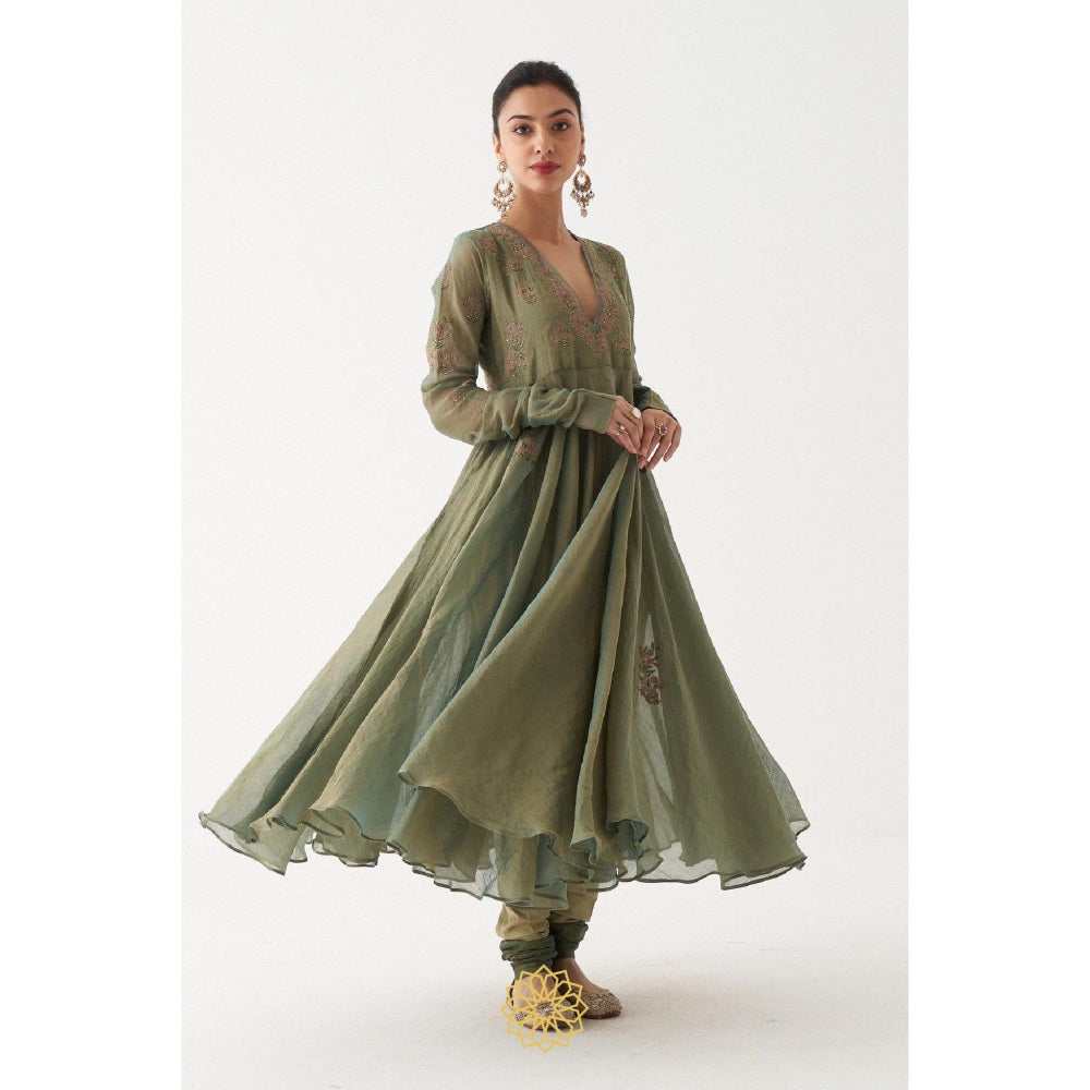 Rhua India Green Kiara Anarkali with Churidar and Dupatta (Set of 3)