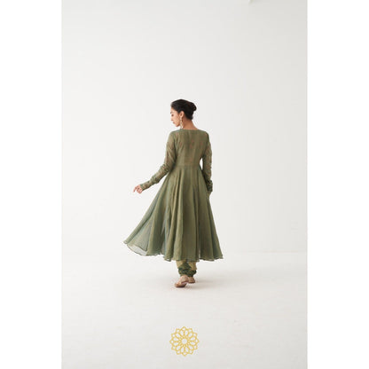 Rhua India Green Kiara Anarkali with Churidar and Dupatta (Set of 3)