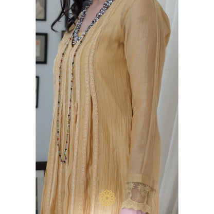 Rhua India Yellow Gathered Kurta with Slip and Pant (Set of 3)