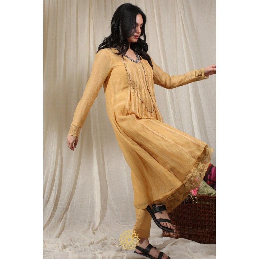 Rhua India Yellow Gathered Kurta with Slip and Pant (Set of 3)