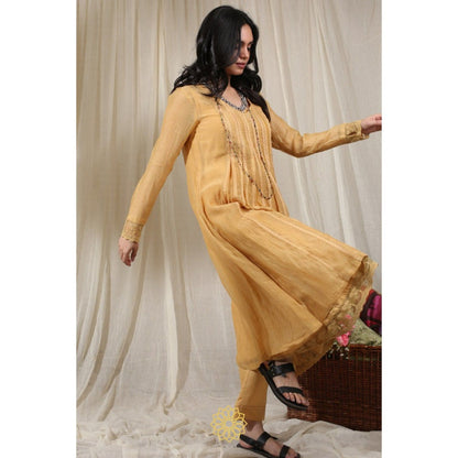 Rhua India Yellow Gathered Kurta with Slip and Pant (Set of 3)