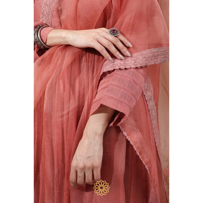 Rhua India Pink Dark Carrot Gathered Kurta with Pant and Dupatta (Set of 3)