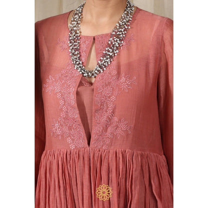 Rhua India Pink Dark Carrot Gathered Kurta with Pant and Dupatta (Set of 3)