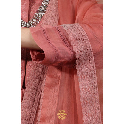 Rhua India Pink Dark Carrot Gathered Kurta with Pant and Dupatta (Set of 3)