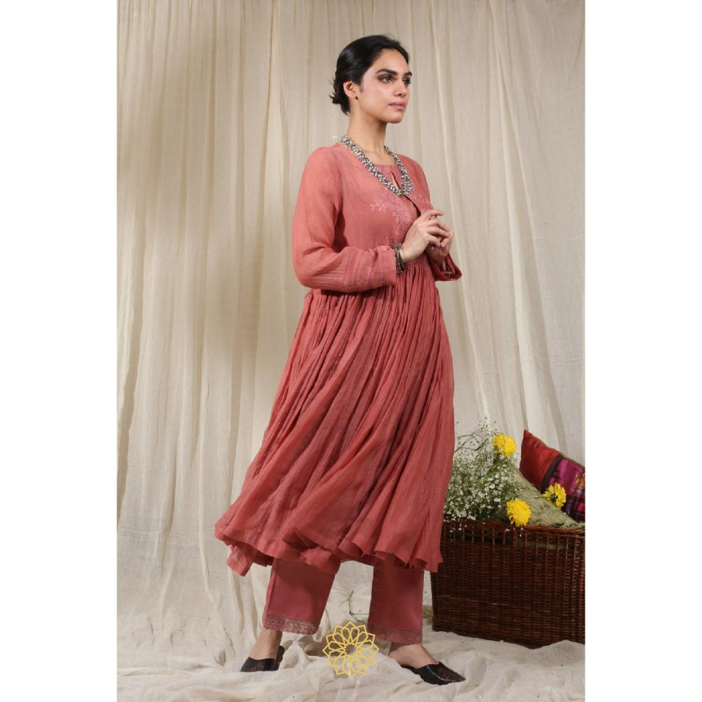 Rhua India Pink Dark Carrot Gathered Kurta with Pant and Dupatta (Set of 3)