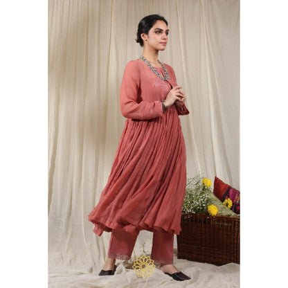 Rhua India Pink Dark Carrot Gathered Kurta with Pant and Dupatta (Set of 3)