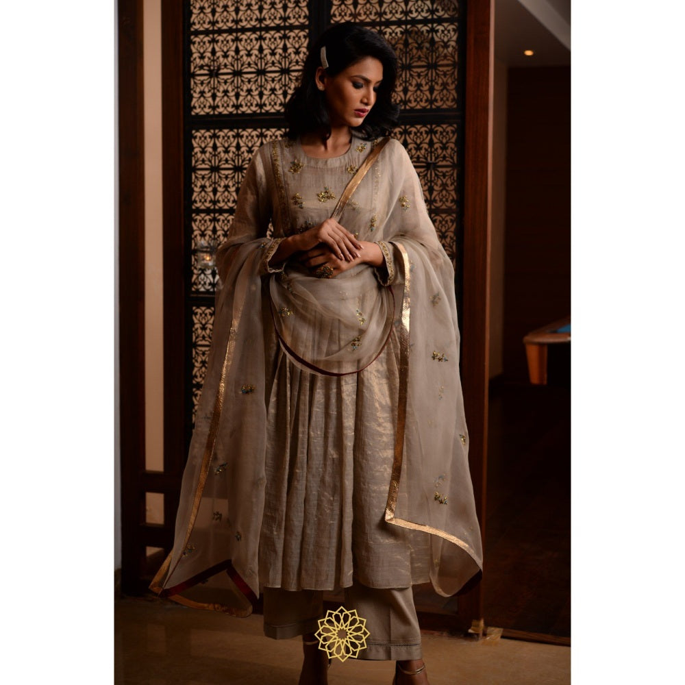 Rhua India Beige Moon Tissue Chanderi Anarkali with Slip, Pant and Dupatta (Set of 4)
