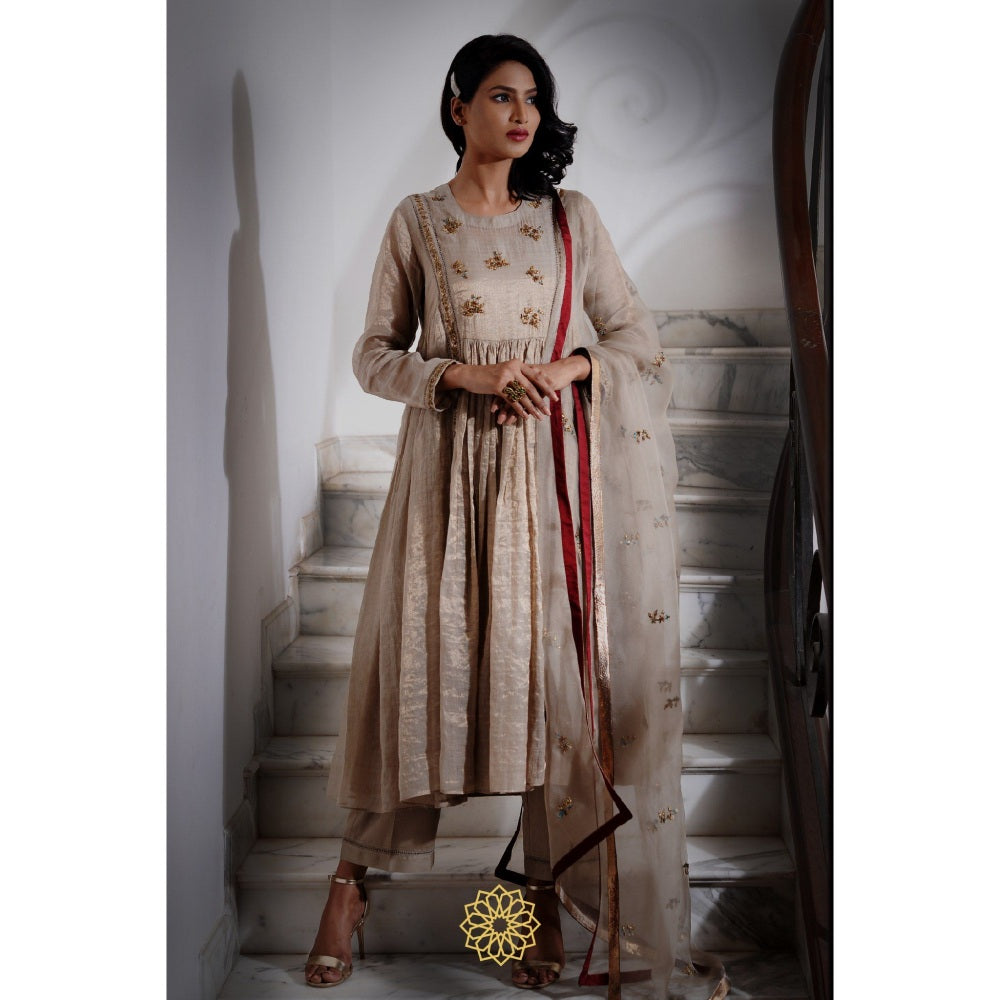 Rhua India Beige Moon Tissue Chanderi Anarkali with Slip, Pant and Dupatta (Set of 4)