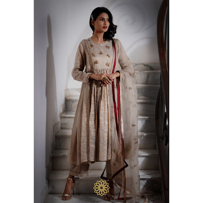 Rhua India Beige Moon Tissue Chanderi Anarkali with Slip, Pant and Dupatta (Set of 4)
