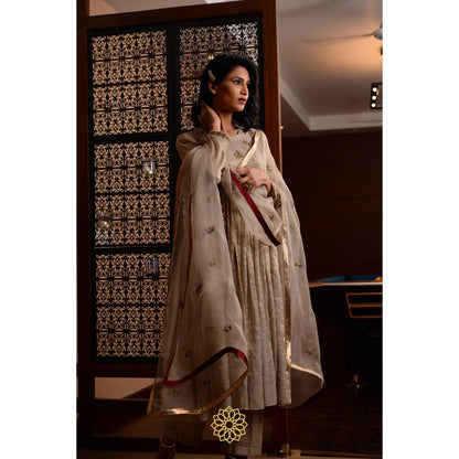 Rhua India Beige Moon Tissue Chanderi Anarkali with Slip, Pant and Dupatta (Set of 4)