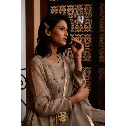 Rhua India Beige Moon Tissue Chanderi Anarkali with Slip, Pant and Dupatta (Set of 4)